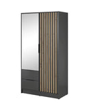 Nezliva Black Striped Polished Wooden Mirror Wardrobe with 2 Doors and 2 Drawers 105cm