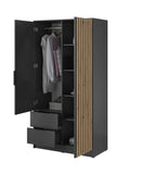 Nezliva Black Striped Polished Wooden Mirror Wardrobe with 2 Doors and 2 Drawers 105cm