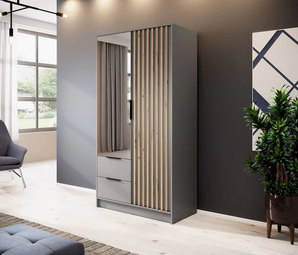 Nezliva Black Striped Polished Wooden Mirror Wardrobe with 2 Doors and 2 Drawers 105cm