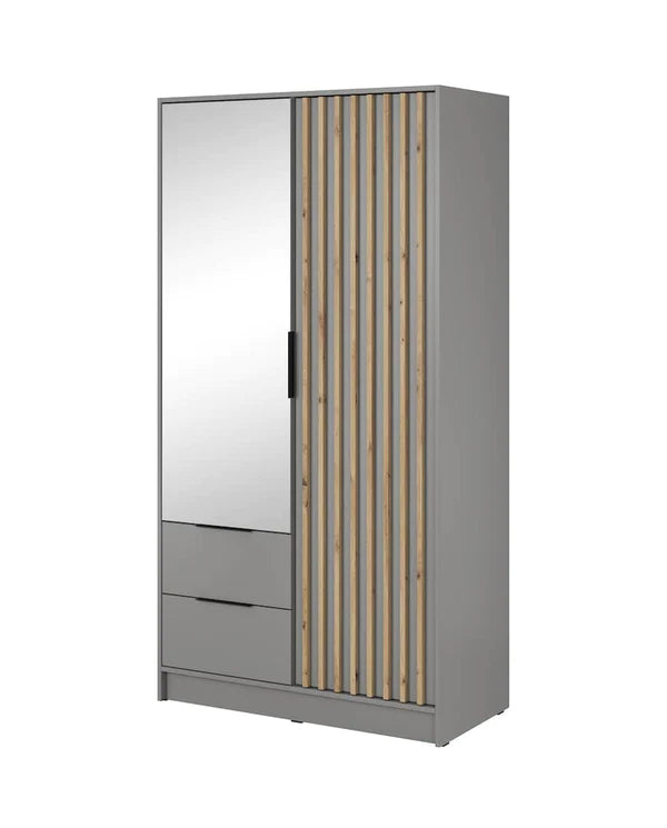 Nezliva Black Striped Polished Wooden Mirror Wardrobe with 2 Doors and 2 Drawers 105cm