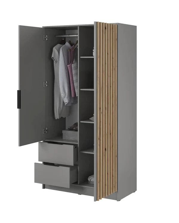 Nezliva Black Striped Polished Wooden Mirror Wardrobe with 2 Doors and 2 Drawers 105cm
