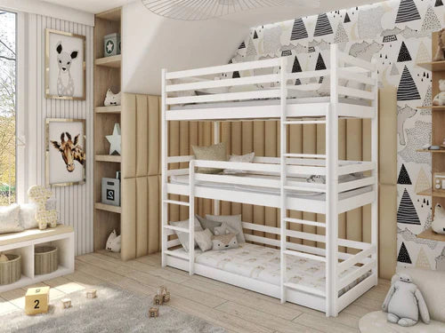 Levvrazae Solid Wood Triple Bunk Bed with Protection Bar Fence for Kids Bedroom