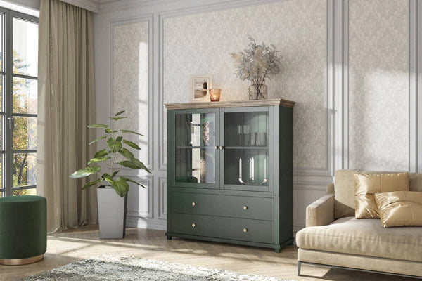 Luscanny Contemporary Display Cabinet with 2 Drawers in 2 Colours