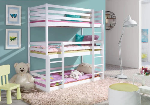 Levvrazae Solid Wood Triple Bunk Bed with Protection Bar Fence for Kids Bedroom
